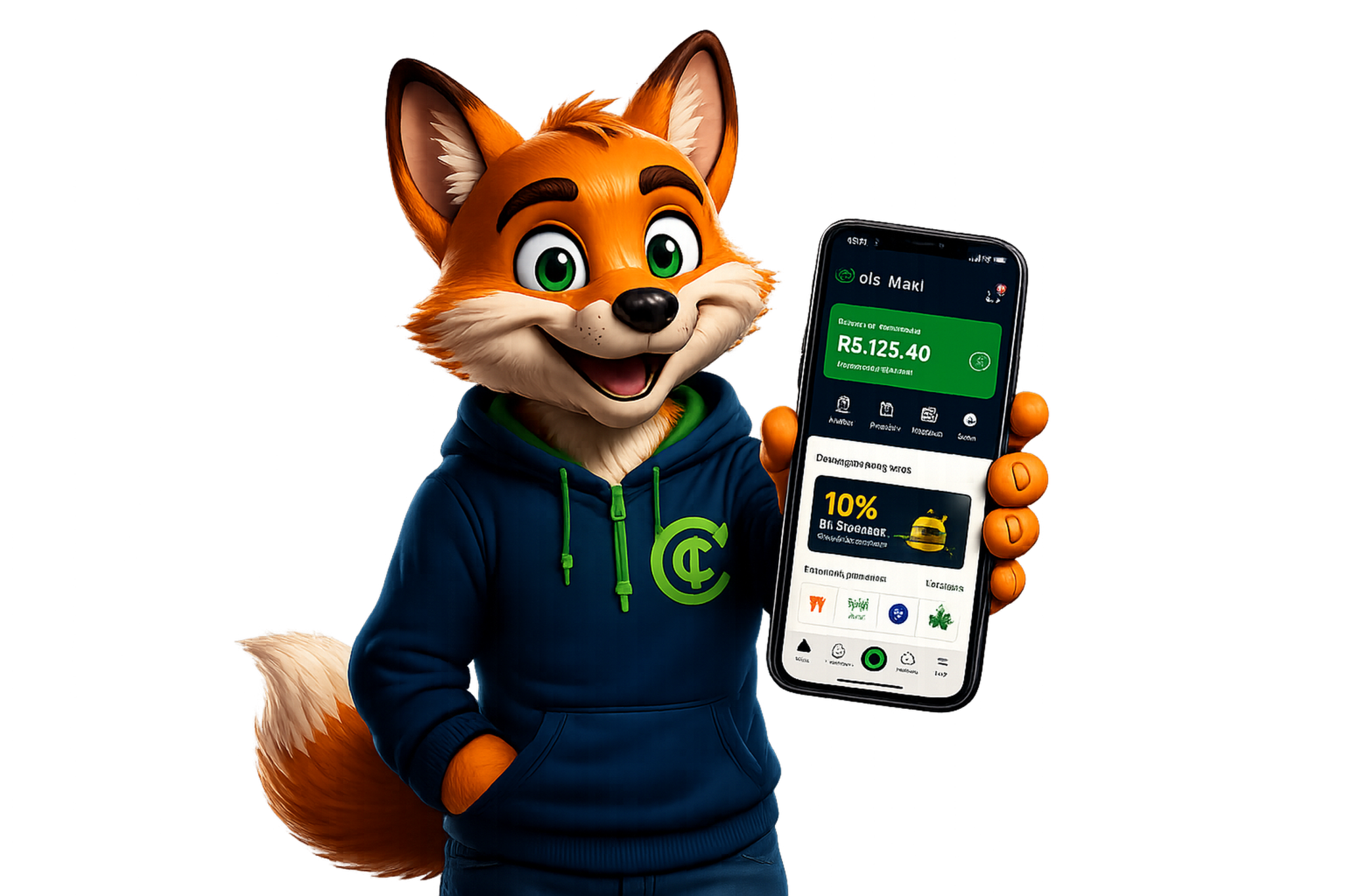 Mascote Max da Cashmax segurando um smartphone com o app de cashback aberto